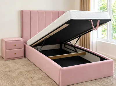 New Single Pink Upholstered Ottoman Storage Bed with Headboard and Nightstand