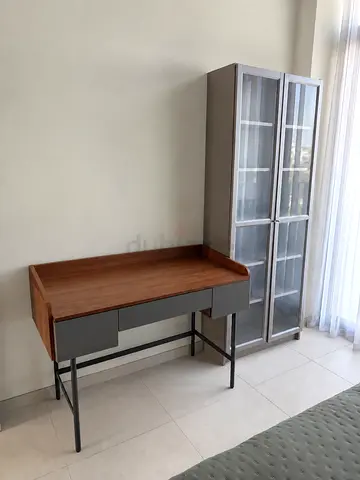 Modern wood and grey lacquer console table with drawers