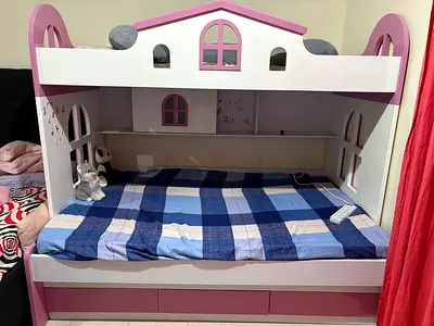 White & Pink Kids Bunk Bed with Storage - Dollhouse Design