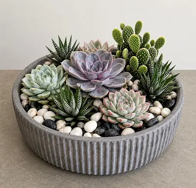 Succulent Garden Arrangement in Decorative Gray Planter | Live Succulents & Bunny Ear Cactus
