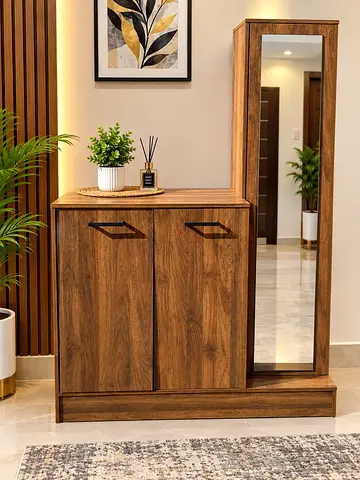 Wooden Shoe Cabinet with Full-Length Mirror - Walnut Finish