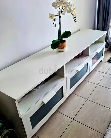 White low TV cabinet / entertainment unit with glass drawers