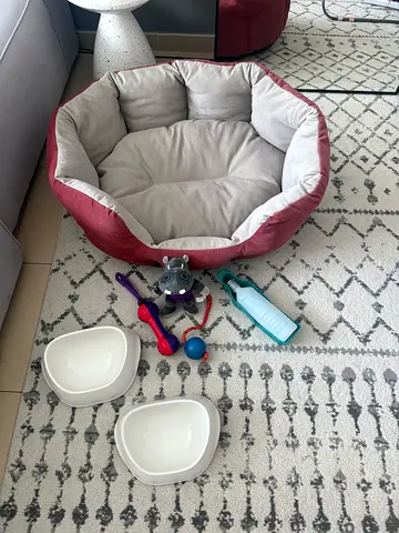 Soft round pet bed with bowls and toys