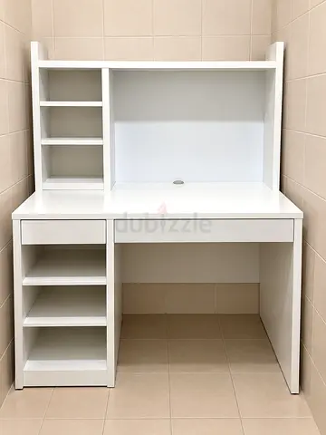 IKEA study table with storage shelves - white, good condition