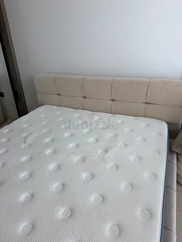Beige Upholstered King Bed Frame with Headboard - Good Condition
