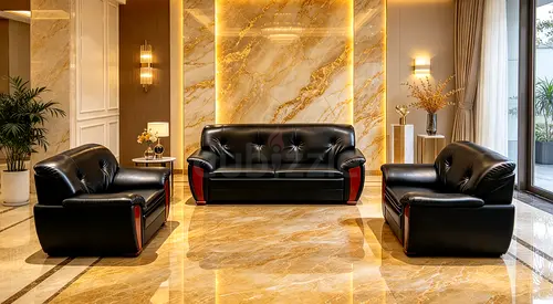 Black Leather 3-Seater Sofa with Two Armchairs — Modern Living Room Set