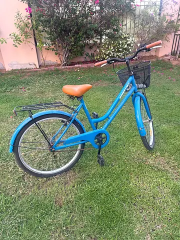 Blue single-speed city bike with basket and rear rack - good condition
