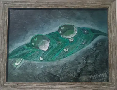 Original framed oil painting of water droplets on leaf — signed