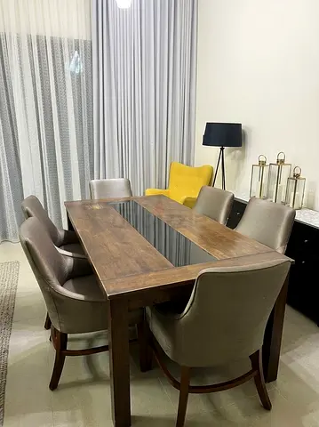 Solid Wood Dining Table with 6 Upholstered Chairs with extra 2 free chairs - very good Condition
