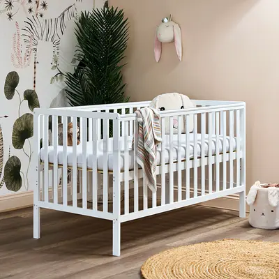 White Wooden Baby Crib — Good Condition, Solid Frame with mattres