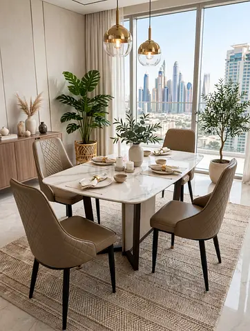 Modern marble-top dining table with 4 upholstered chairs - set in excellent condition