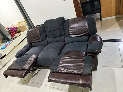 3-seater reclining sofa with leatherette and fabric, needs reupholstery