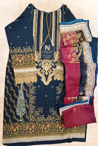 Nishaat Embroidered Black & Gold Lawn Suit with Shawl - Size Large