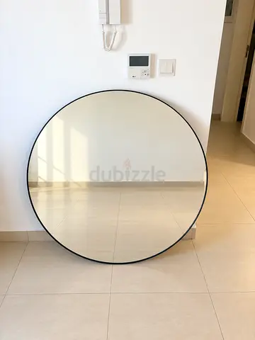 Large Round Wall Mirror with Slim Black Frame - Excellent Condition 110cm
