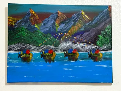 Hand-painted landscape canvas with yaks and mountain scene
