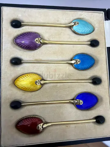 Set of 6 Vintage Enamel Cloisonné Tea Spoons in Original Box