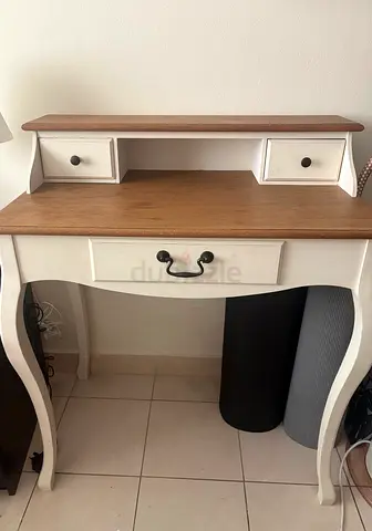 Small vintage-style writing desk with drawers (white and wood finish)