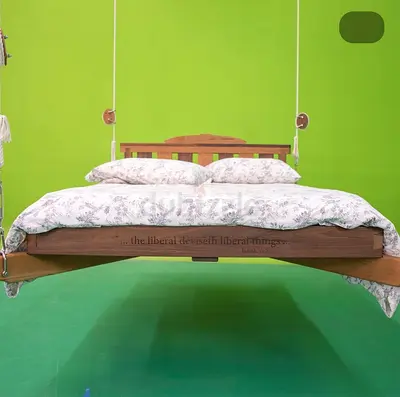 Solid Wood Hanging Swing Bed — Suspended Wooden Double Bed