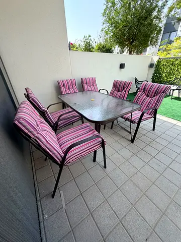 Outdoor Garden Dining Set 6 Chairs + Table - Glass Top - 
Metal frame dinning table with tempered gl