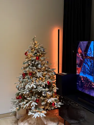 Pre-lit Frosted Christmas Tree with Red & Gold Ornaments