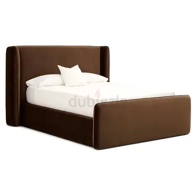 Brown upholstered double bed with padded headboard and footboard