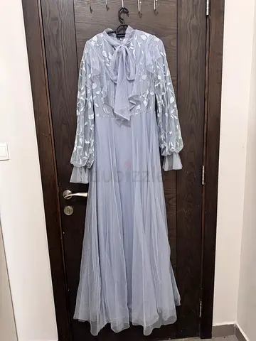 Light grey tulle long dress with embroidered bodice, size likely M