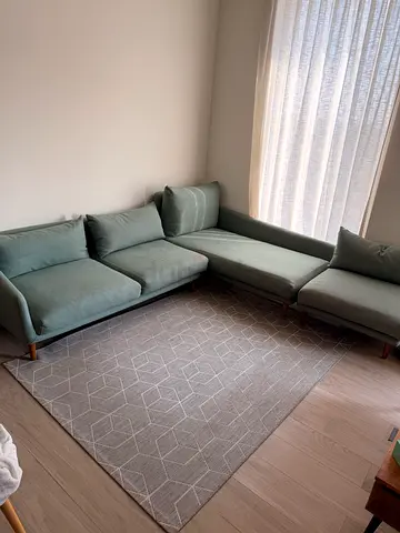 L shape 3 pieces sofa light green and Light grey geometric area rug - good condition