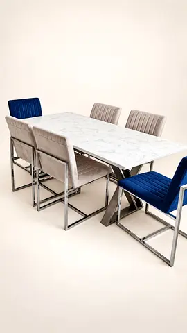 Marble-Top Dining Table with 6 Velvet Chairs (Blue & Beige)