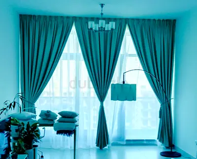 Full-length Teal Curtains with Sheer Panels — Set for Large Window/Balcony