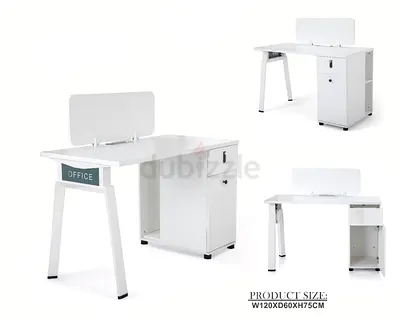 White Office Workstation Desk with Storage Cabinet and Screen Divider