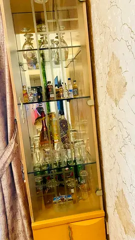 Tall glass display cabinet with wooden base — good condition