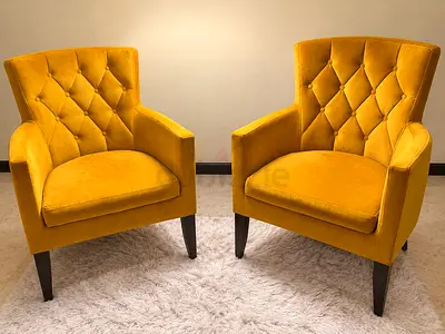 Pair of mustard yellow tufted velvet armchairs - good condition