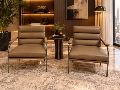 West Elm Real Leather Pair of Modern Lounge Chairs with Metal Frame