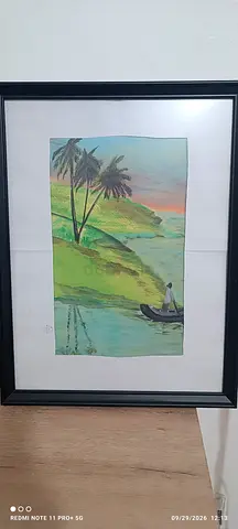 Framed Tropical Landscape Watercolor with Palm Trees and Boat,Hand made by an Artist with watercolor