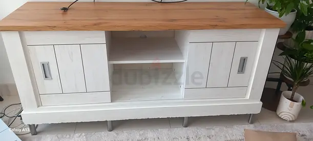 Wooden TV Cabinet / Entertainment Unit with Storage - White & Oak Top