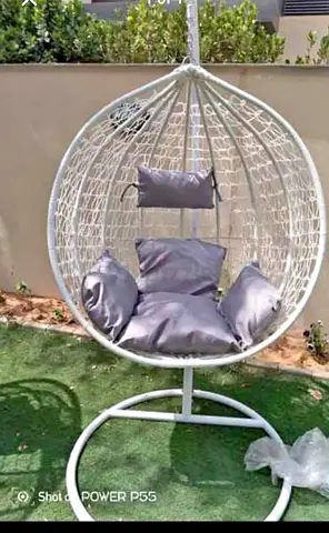 White Hanging Egg Chair with Cushions - Freestanding Rattan Style