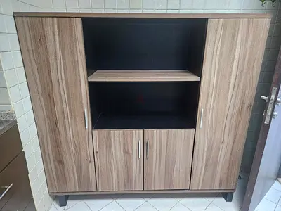 Wooden storage cabinet with open shelf and double doors - good condition