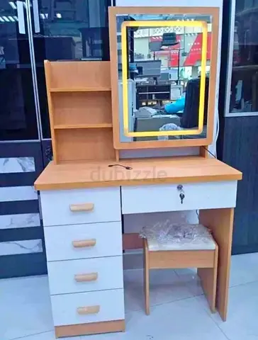Wooden Dressing Table with Mirror, Drawers and Stool - Good Condition