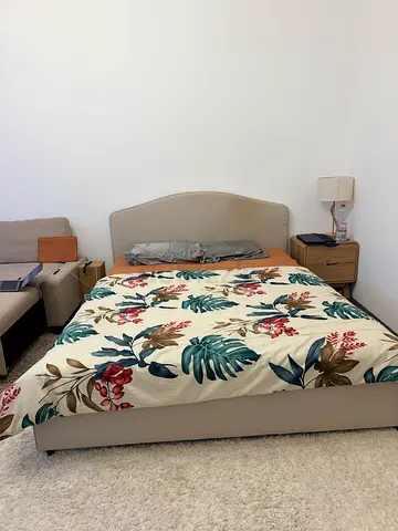 Queen fabric bed frame with headboard - beige, good condition