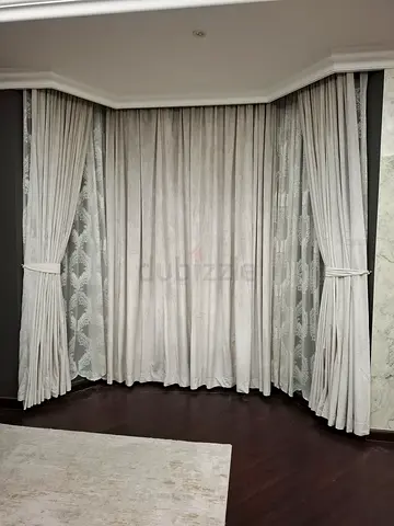 Full-length grey curtain set with sheer liners — used, good condition