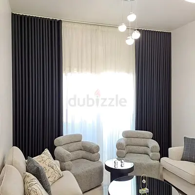 Dark Grey Full-Length Blackout Curtains with Sheer Layer - Set Installed