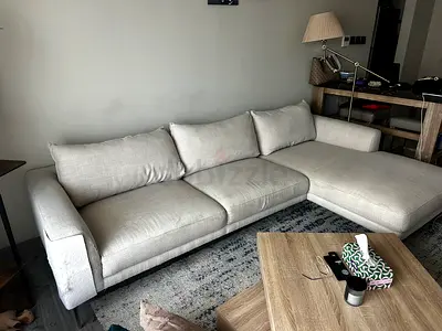 Light beige grey L-shaped 3-seater sofa with chaise (comfortable, good condition)