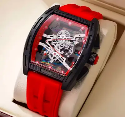 Red Silicone Strap Skeleton Dial Men's Sport Watch - Automatic Style