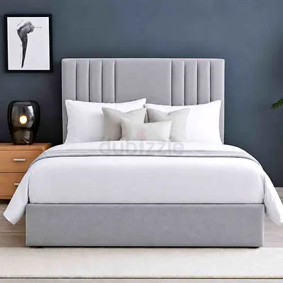 New Grey Upholstered Double Bed with Padded Headboard