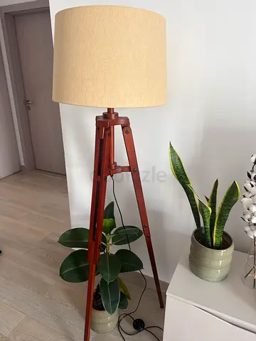 Wooden Tripod Floor Lamp with Beige Shade Home Center - Very Good Condition