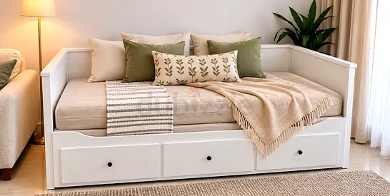 White Wooden Daybed with 3 Storage Drawers — Good Condition