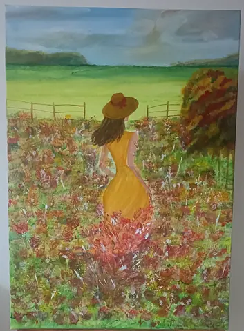 Original mixed media Painting - Woman in Yellow Dress Walking Through Meadow