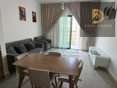 For monthly rent: a furnished one-bedroom apartment (bedroom and living room) in Maryam Island, Sharjah. Includes internet, gym, swimming pool, and pa