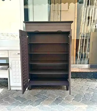 Dark Wood Shoe Cabinet with Multiple Shelves — Good Condition