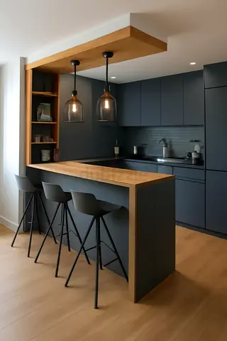 Modern matte charcoal kitchen cabinets with wooden breakfast bar and stools
